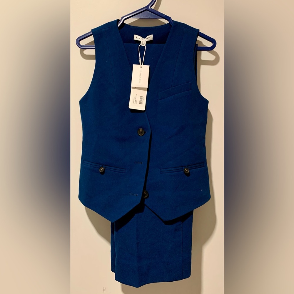 Shona Joy Blue Vest pantsuit with Button Front